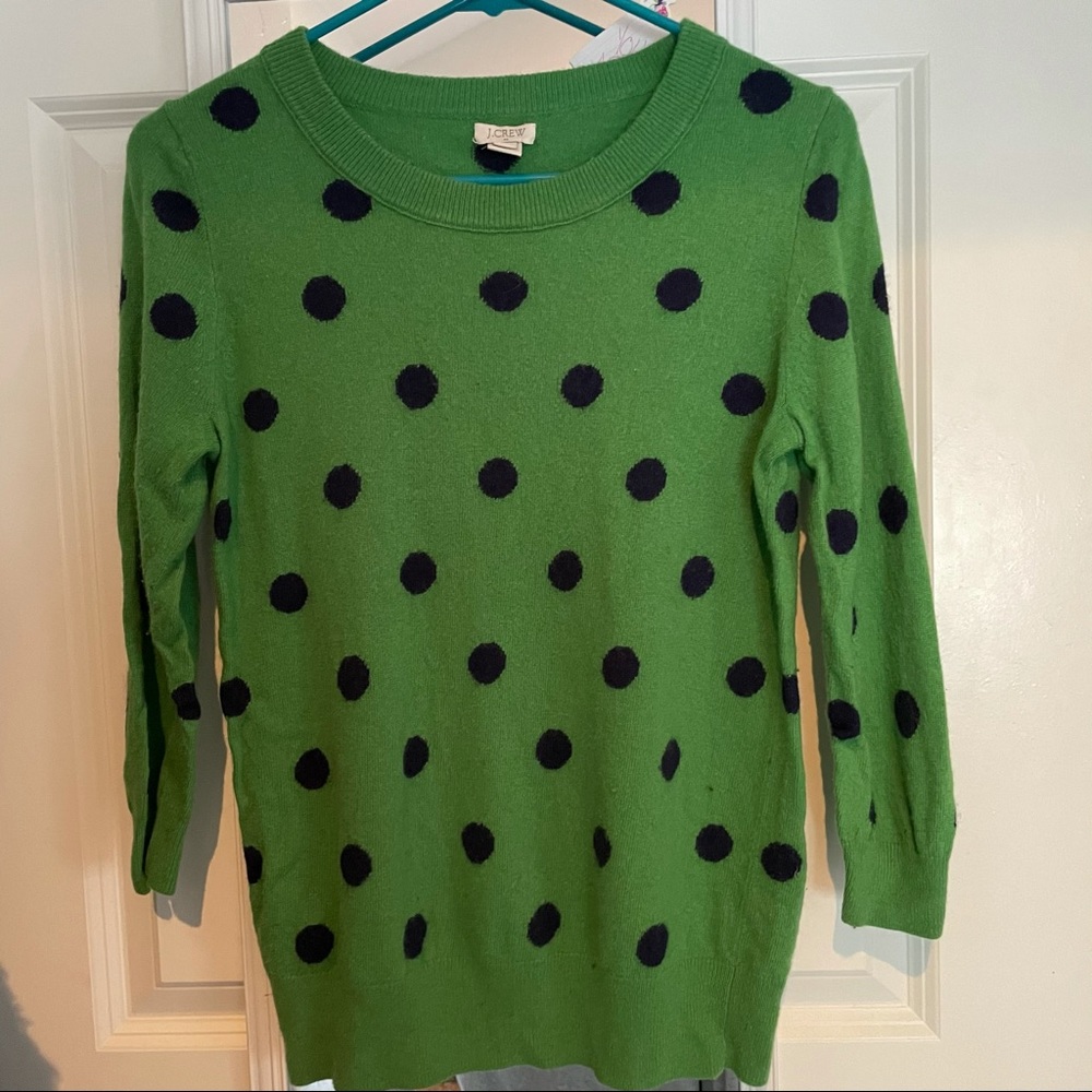 J Crew 3/4 sleeve green + navy polka dots sweater